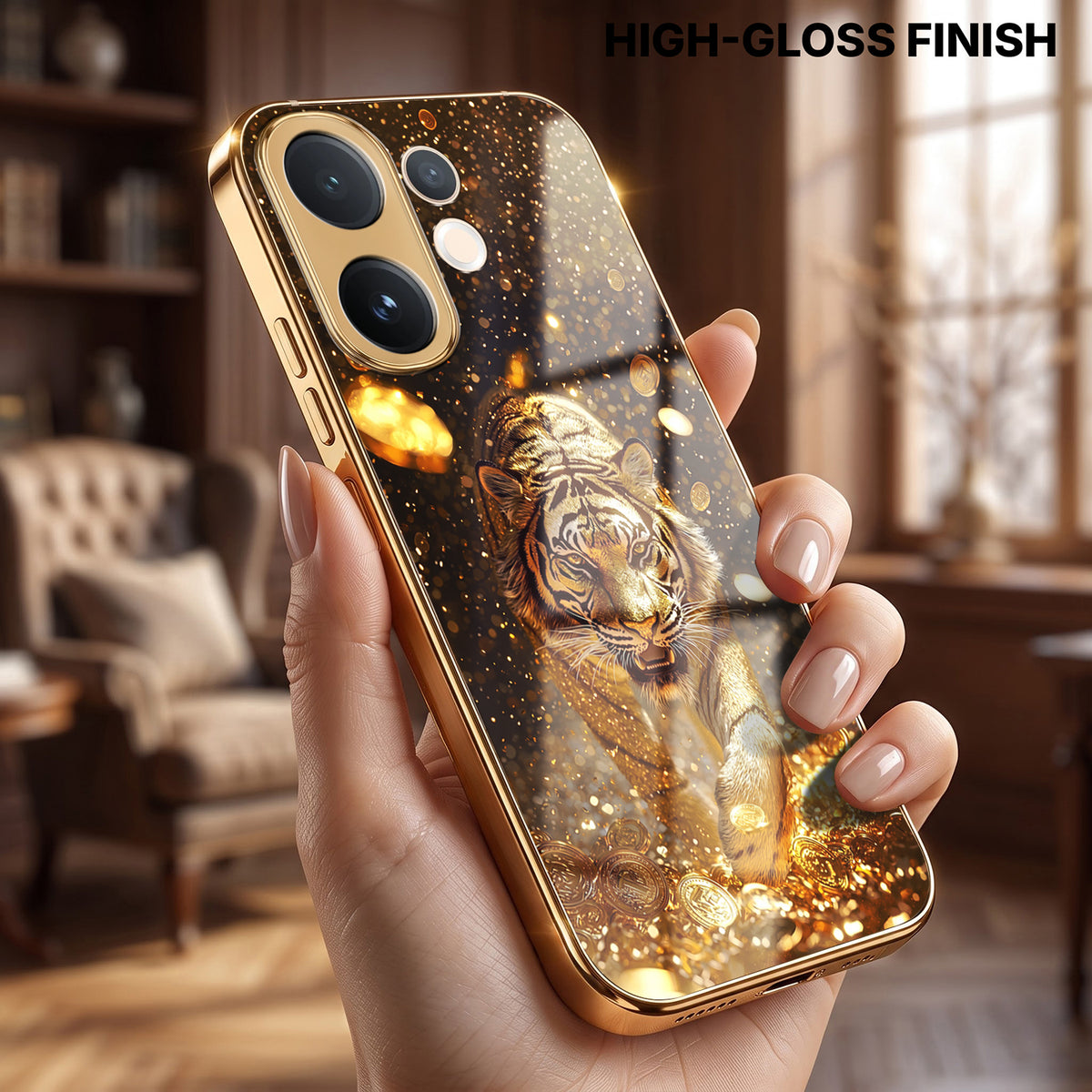 Vivo V60 5G Luxury Tiger Gold Electroplated Glass Phone Back Case