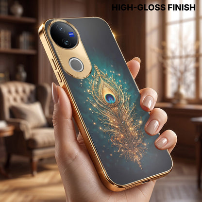 Vivo V50 5G Golden Peacock Feather Gold Electroplated Glass Phone Back Case