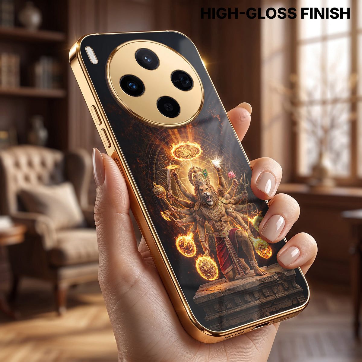 Vivo X300 5G Lord Narasimha Gold Electroplated Glass Phone Back Case