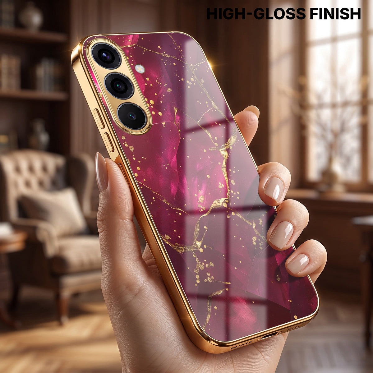 Samsung Galaxy A36 5G Luxury Crimson Marble Gold Electroplated Glass Phone Back Case