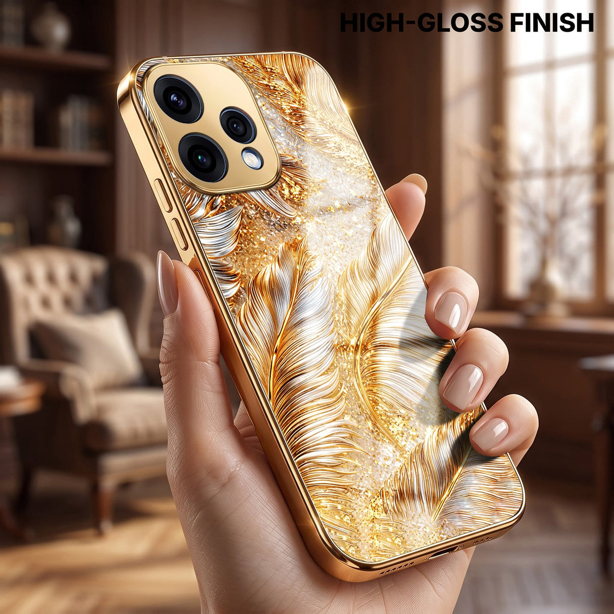 Oppo Reno 15 5G Golden Feather Marble Gold Electroplated Glass Phone Back Case