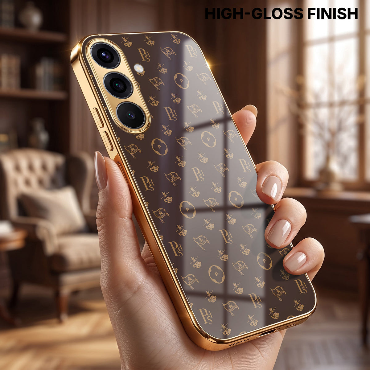 Samsung Galaxy A36 5G Luxury Monogram Brown Gold Electroplated Glass Phone Back Case