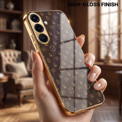 Samsung Galaxy A36 5G Luxury Monogram Brown Gold Electroplated Glass Phone Back Case