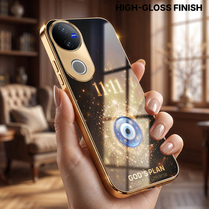 Vivo V50 5G God’s Plan Evil Eye Gold Electroplated Glass Phone Back Case