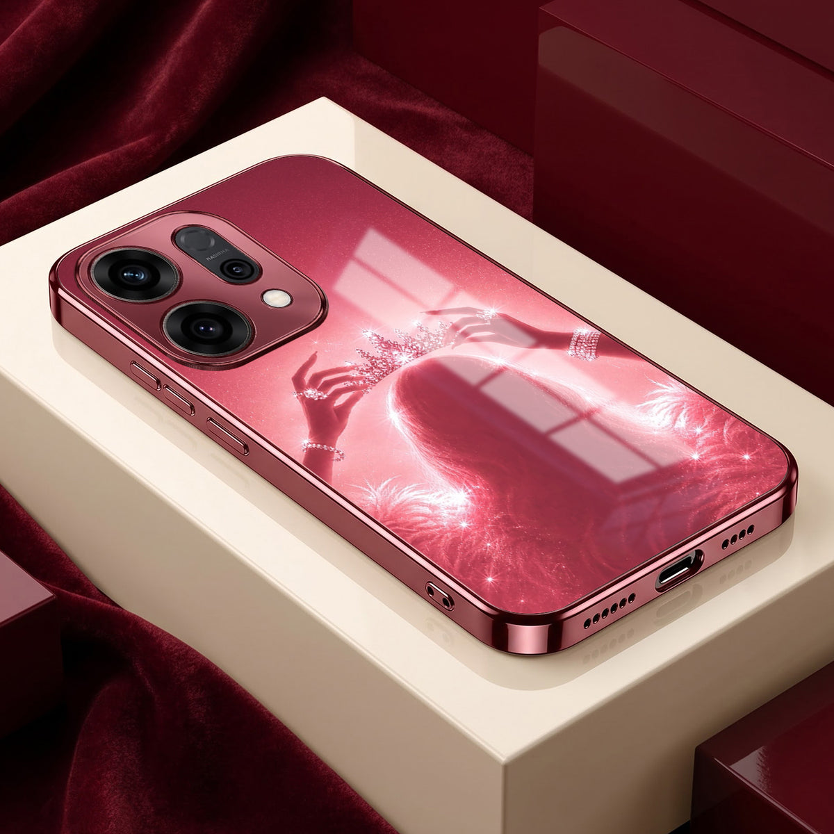 Oppo Reno 14 5G Luxury Crown Queen Pink Electroplated Glass Phone Back Case