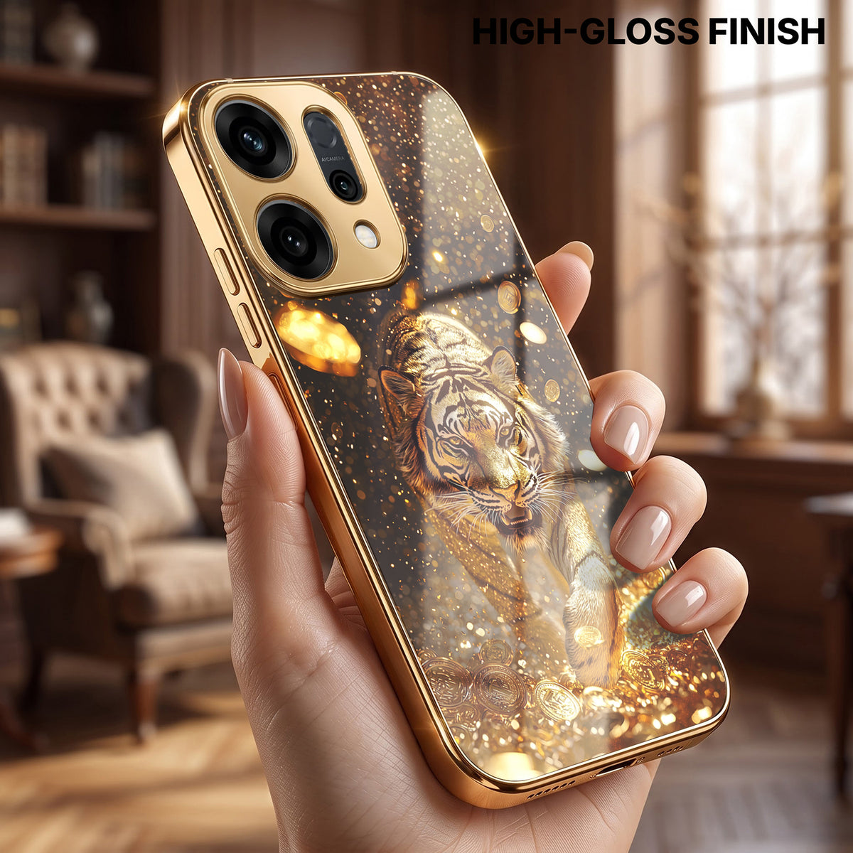 Oppo Reno 14 5G Luxury Tiger Gold Electroplated Glass Phone Back Case