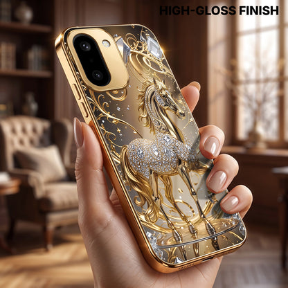 OnePlus 15R 5G Luxury Horse Texture Gold Electroplated Glass Phone Back Case