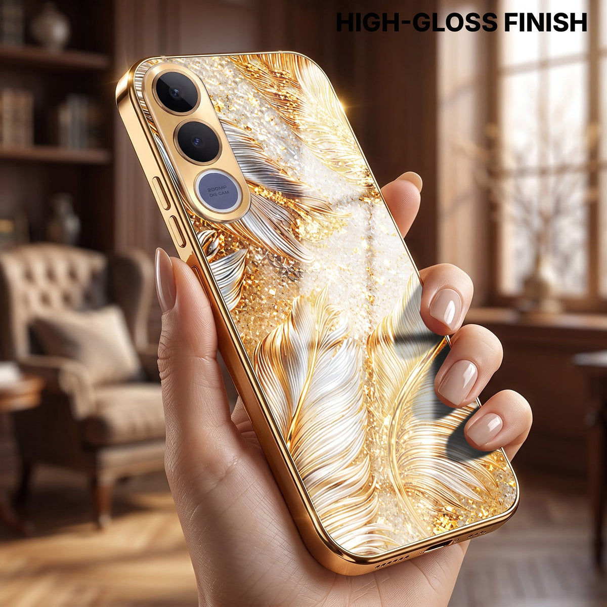 Vivo V70 FE 5G Golden Feather Marble Gold Electroplated Glass Phone Back Case