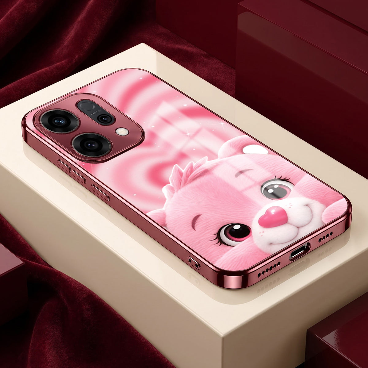 Oppo Reno 14 5G Luxury Cute Teddy Pink Electroplated Glass Phone Back Case