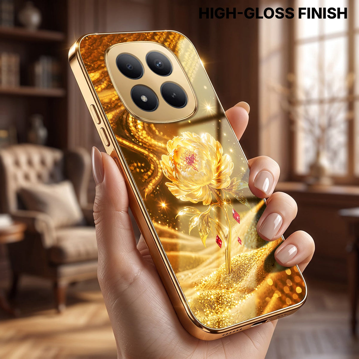 Redmi Note 15 Pro+ 5G Golden Rose Elegance Gold Electroplated Glass Phone Back Case