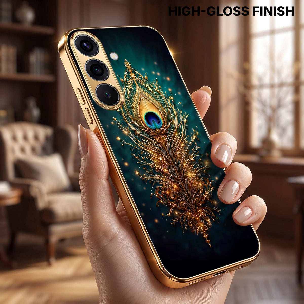Samsung Galaxy A56 5G Golden Peacock Feather Gold Electroplated Glass Phone Back Case