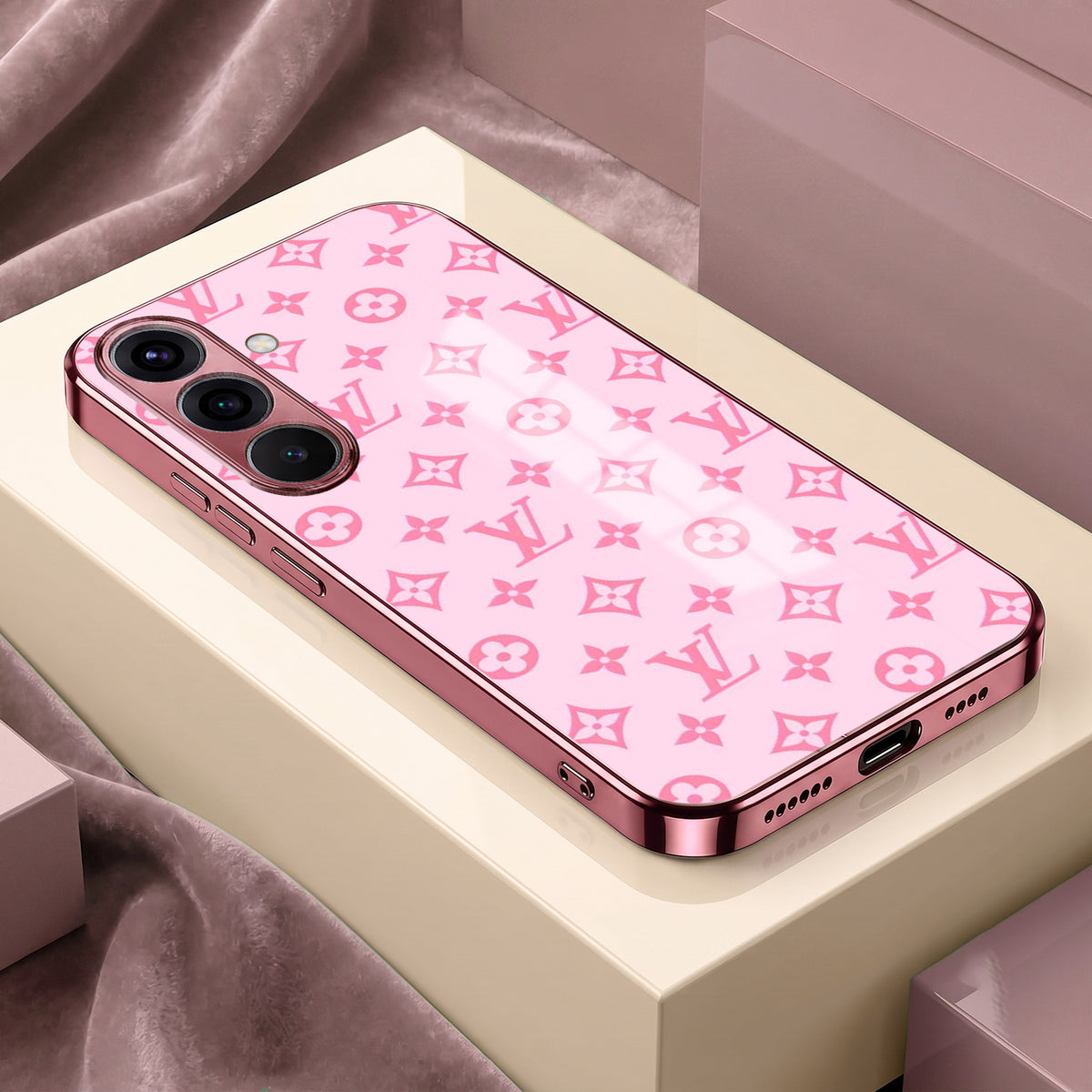 Samsung Galaxy A56 5G Luxury Monogram Pink Electroplated Glass Phone Back Case