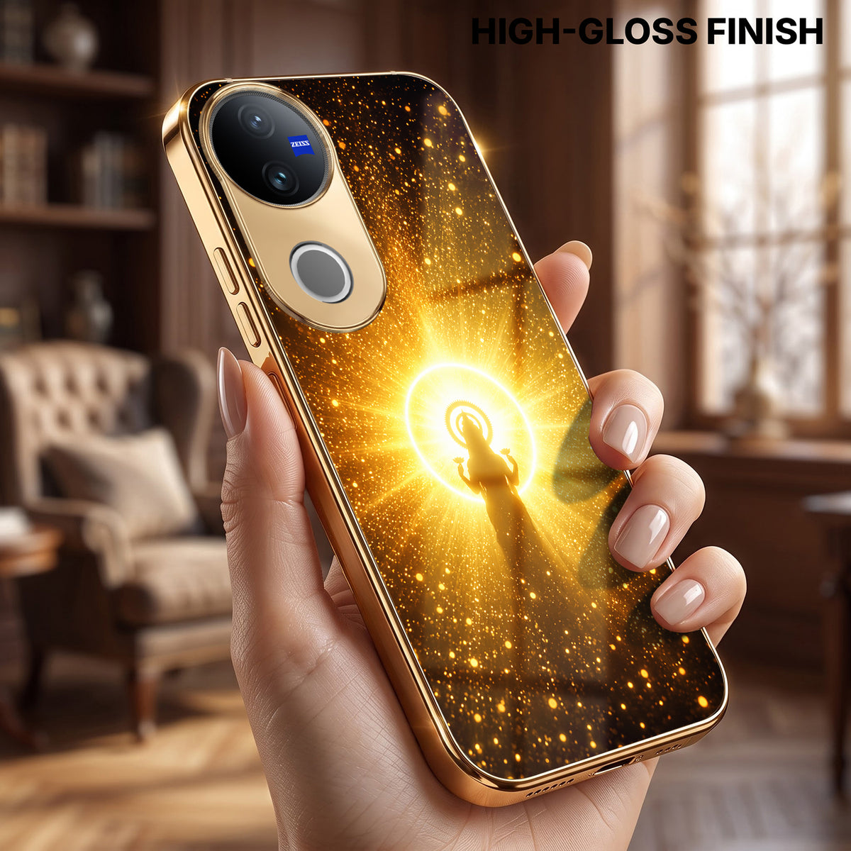 Vivo V50 5G Lakshmi Sacred Gold Electroplated Glass Phone Back Case