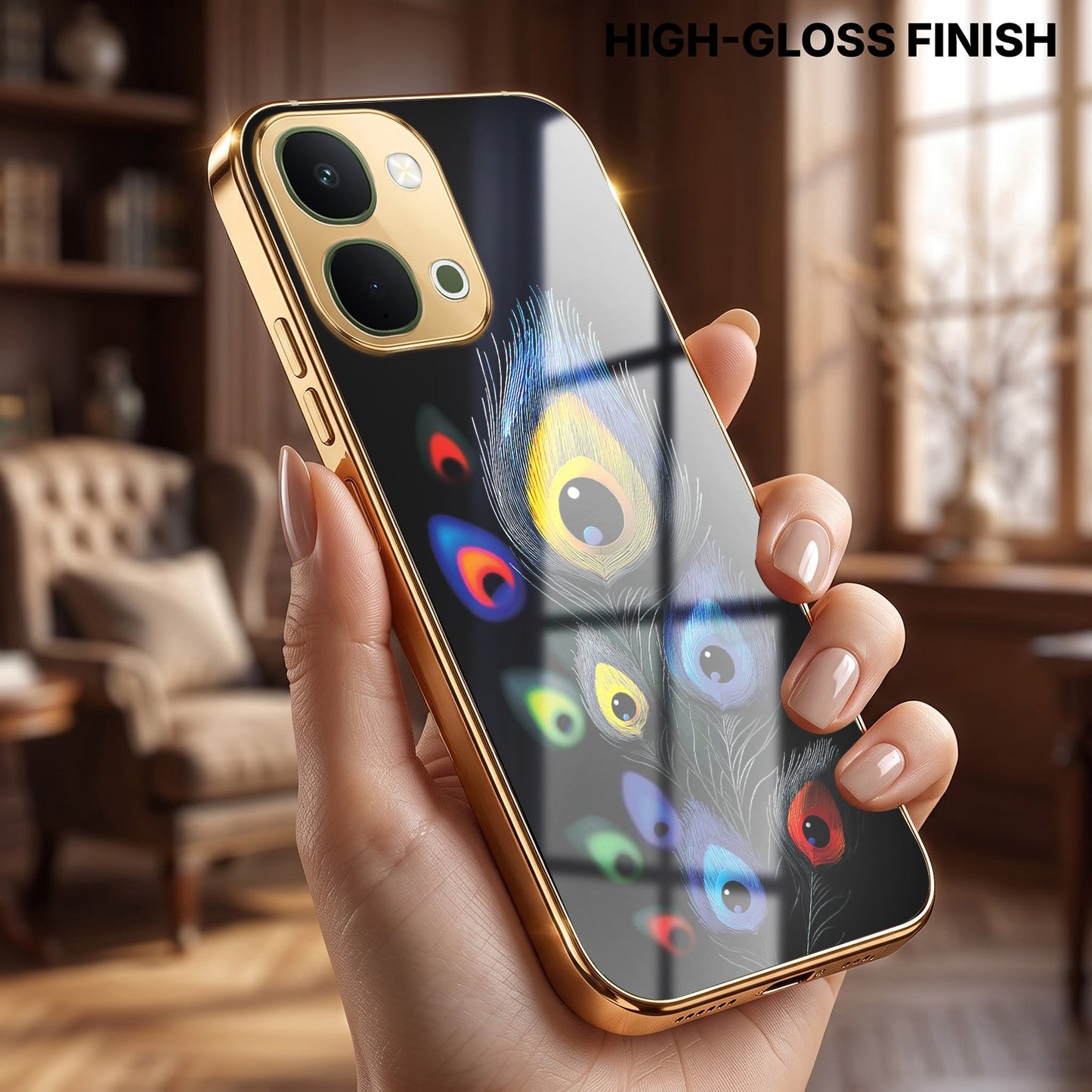 Vivo T5x 5G Premium Peacock Feather Gold Electroplated Glass Phone Back Case