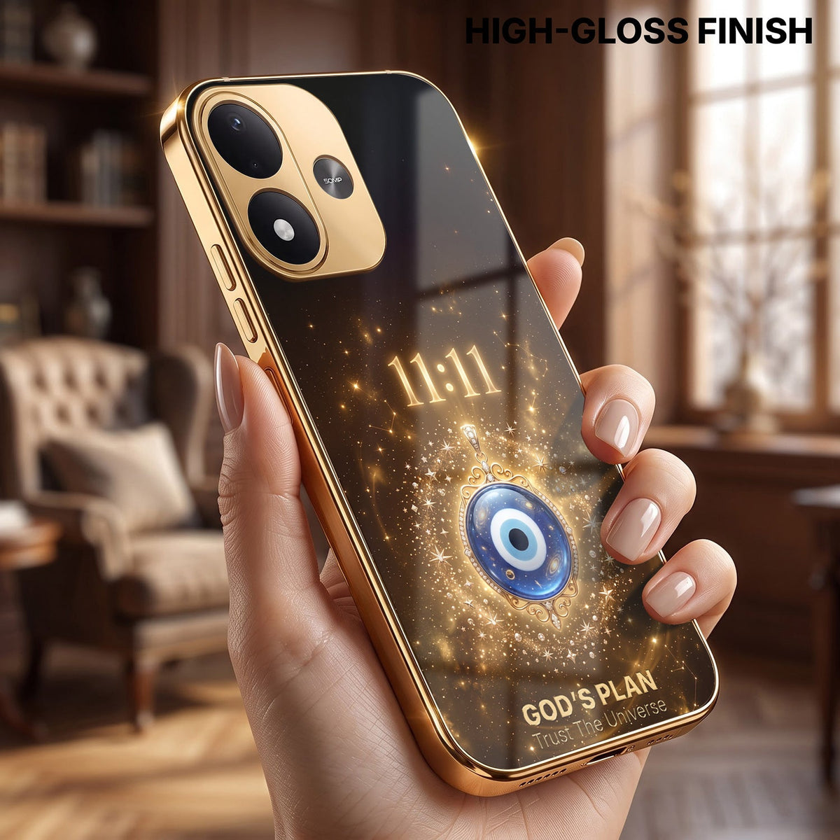 Redmi Note 17 5G God’s Plan Evil Eye Gold Electroplated Glass Phone Back Case
