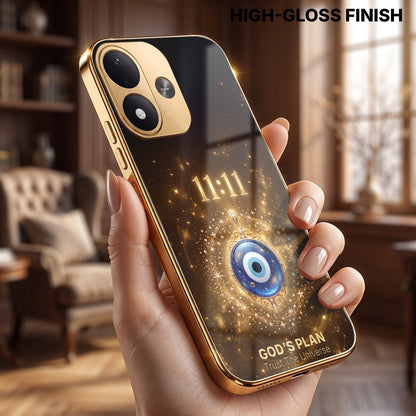 Redmi Note 17 5G God’s Plan Evil Eye Gold Electroplated Glass Phone Back Case