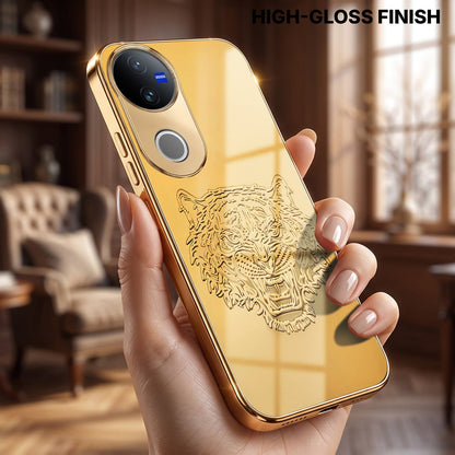 Vivo V50 5G Golden Tiger Face Gold Electroplated Glass Phone Back Case