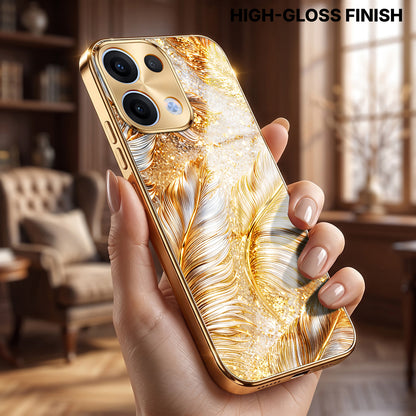 Oppo Reno 13 5G Golden Feather Marble Gold Electroplated Glass Phone Back Case