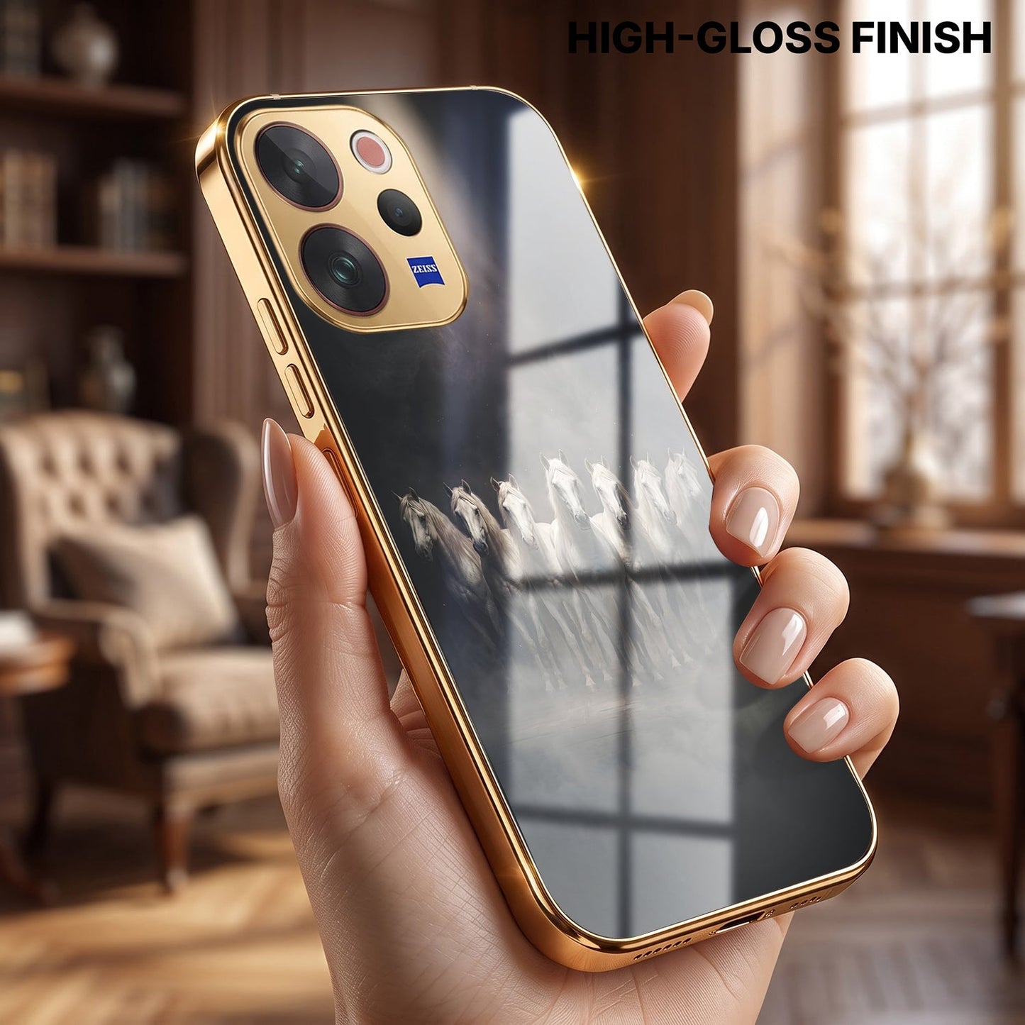 Vivo V70 5G Running Horses Gold Electroplated Glass Phone Back Case