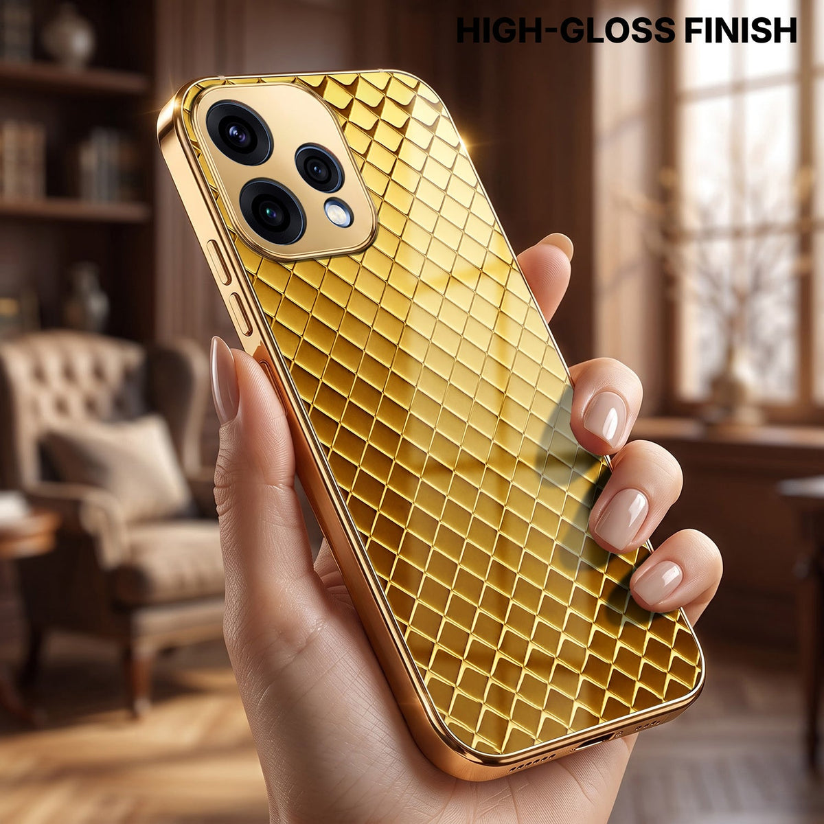 Oppo Reno 15 5G Golden Criss Cross Gold Electroplated Glass Phone Back Case