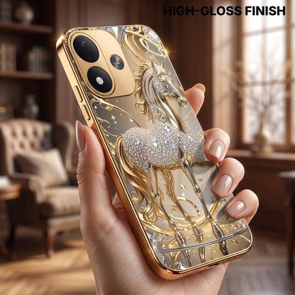 Redmi Note 17 5G Luxury Horse Texture Gold Electroplated Glass Phone Back Case