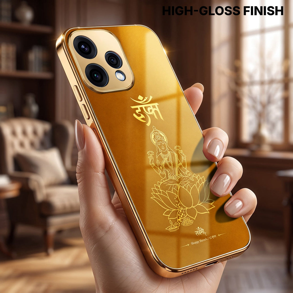 Oppo Reno 15 5G Shree Lakshmi Divine Gold Electroplated Glass Phone Back Case