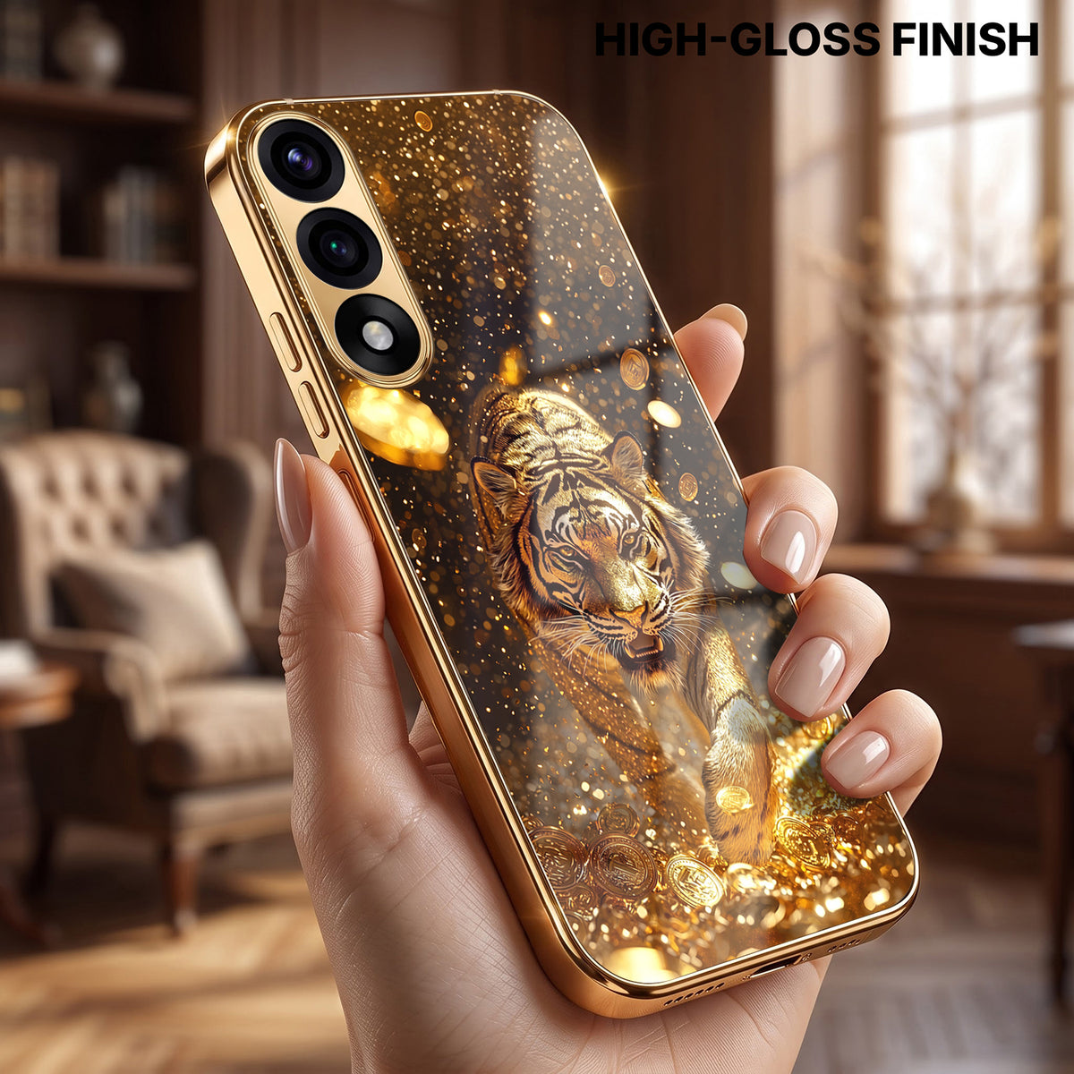 Oneplus Nord 5 5G Luxury Tiger Gold Electroplated Glass Phone Back Case