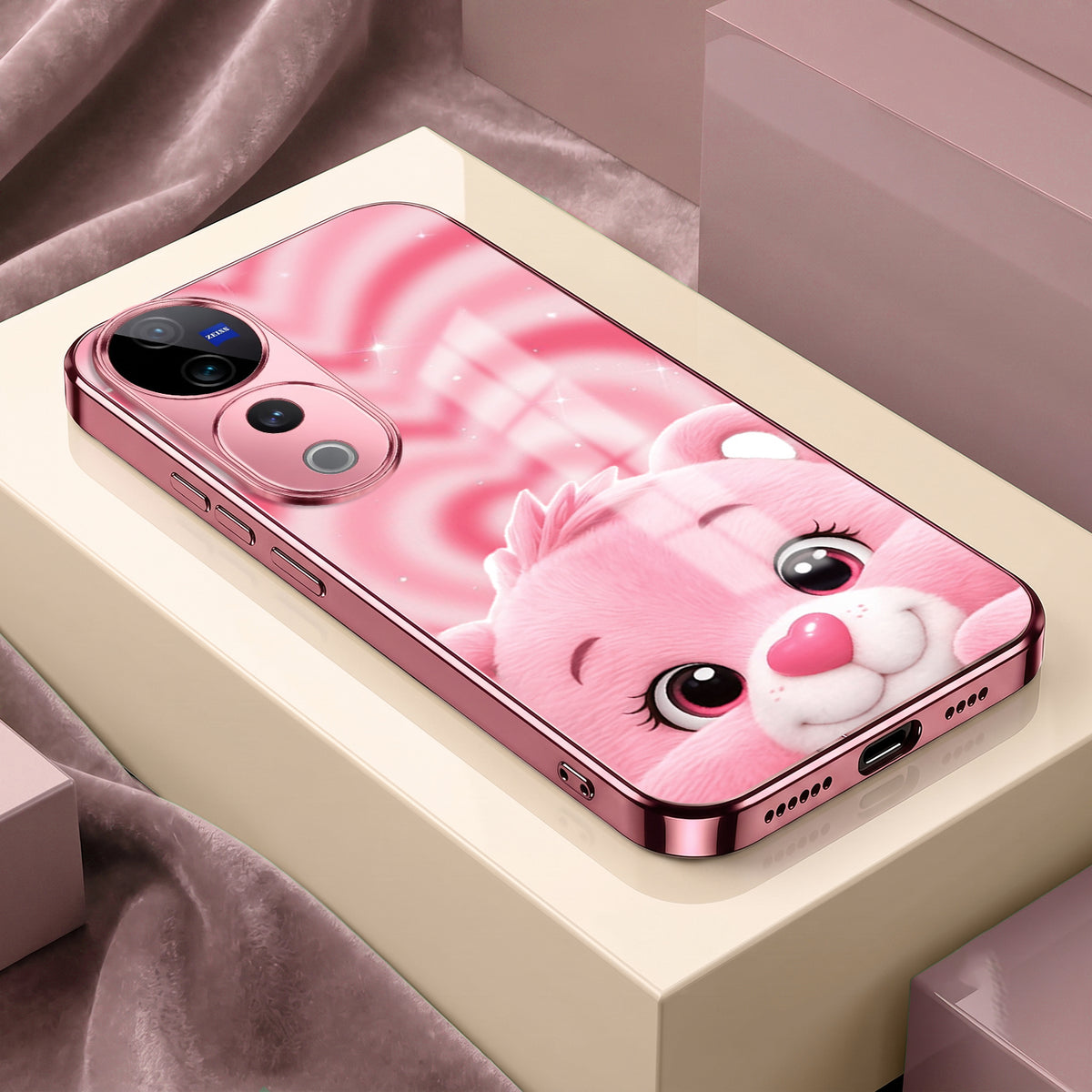 Vivo V40 Pro 5G Luxury Cute Teddy Pink Electroplated Glass Phone Back Case