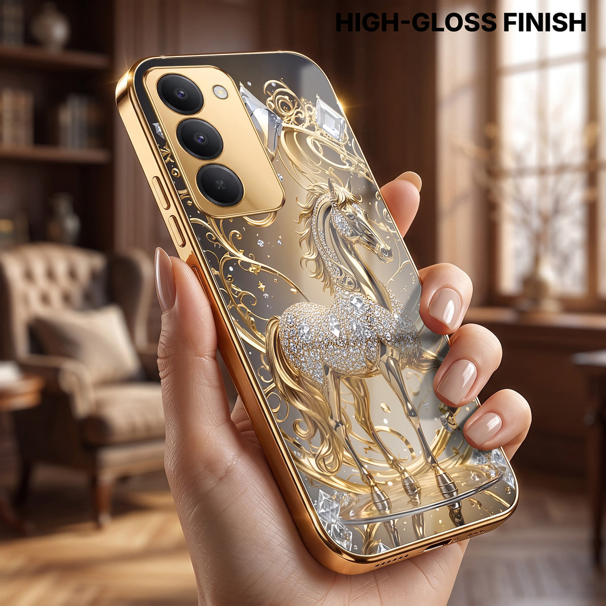 Redmi 15 5G Luxury Horse Texture Gold Electroplated Glass Phone Back Case