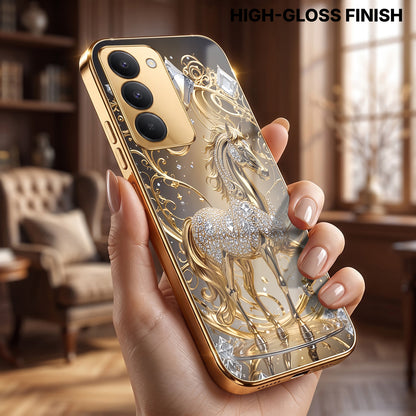 Redmi 15 5G Luxury Horse Texture Gold Electroplated Glass Phone Back Case