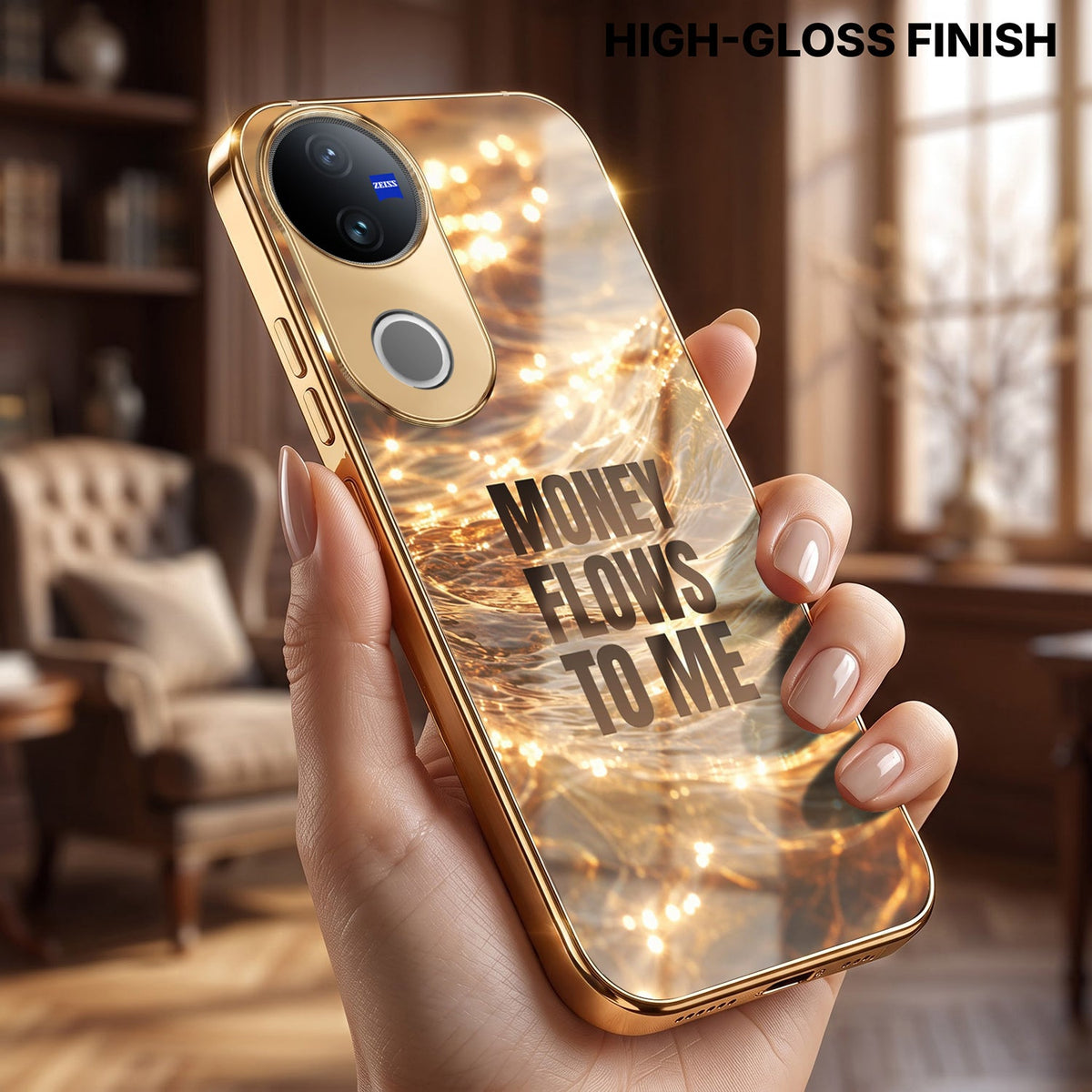 Vivo V50 5G Money Flows To Me Gold Electroplated Glass Phone Back Case