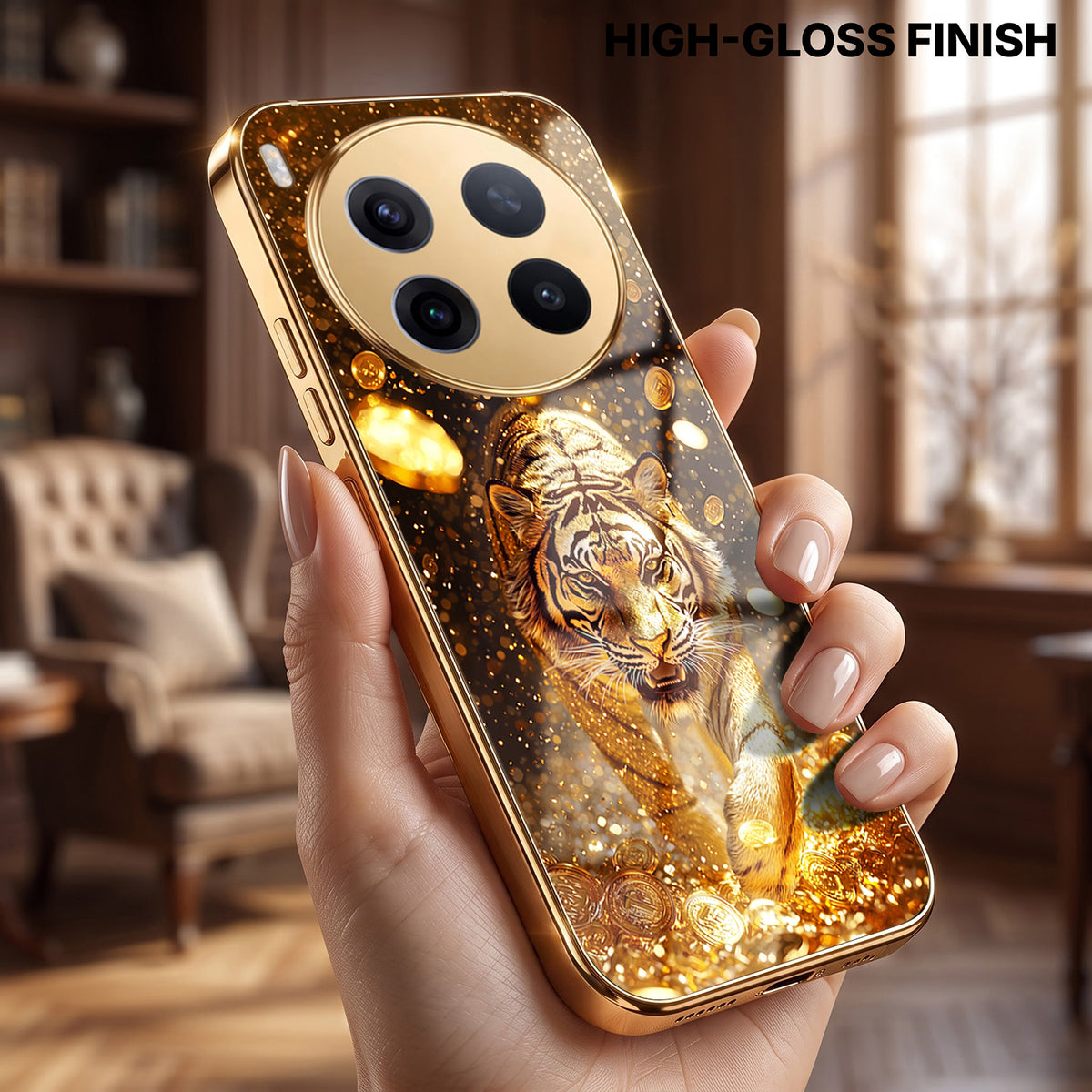 Vivo X300 Pro 5G Luxury Tiger Gold Electroplated Glass Phone Back Case