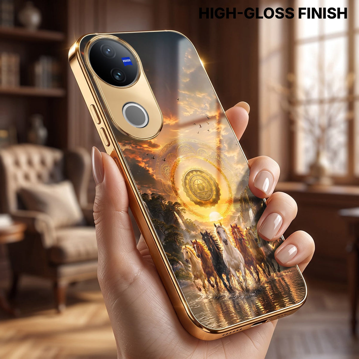 Vivo V50 5G Celestial Seven Horses Gold Electroplated Glass Phone Back Case