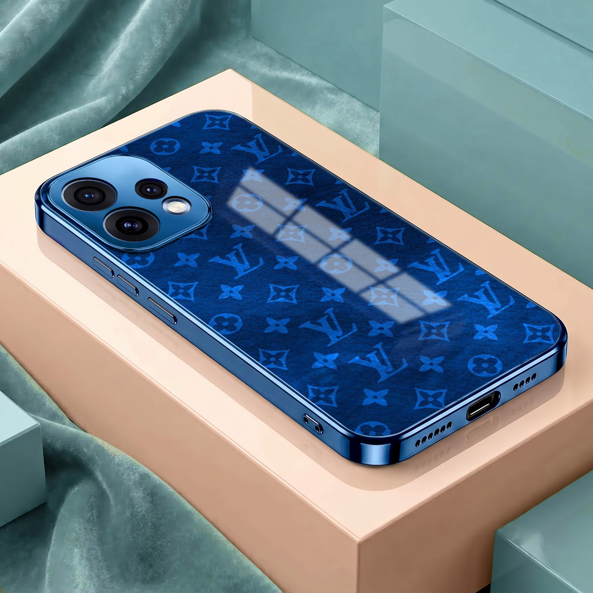 Oppo Reno 15 5G Luxury Monogram Blue Electroplated Glass Phone Back Case