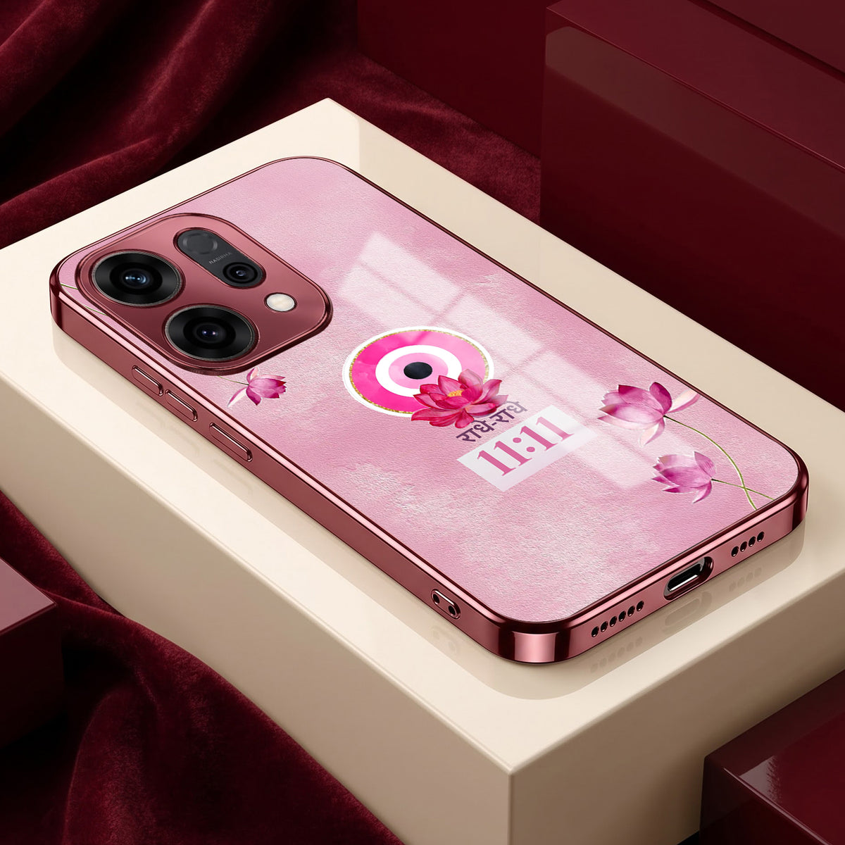 Oppo Reno 14 5G Luxury Radhe Radhe 11:11 Pink Electroplated Glass Phone Back Case