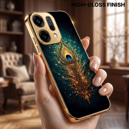 Oppo Reno 14 5G Golden Peacock Feather Gold Electroplated Glass Phone Back Case