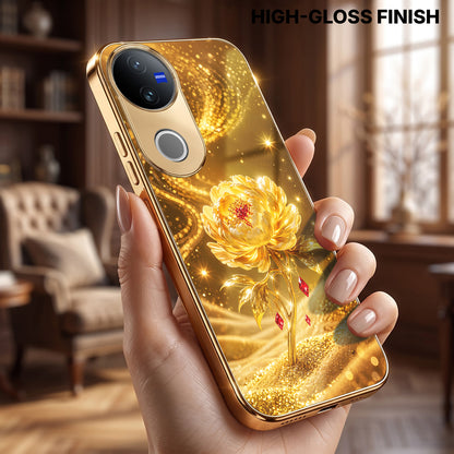 Vivo V50 5G Golden Rose Elegance Gold Electroplated Glass Phone Back Case