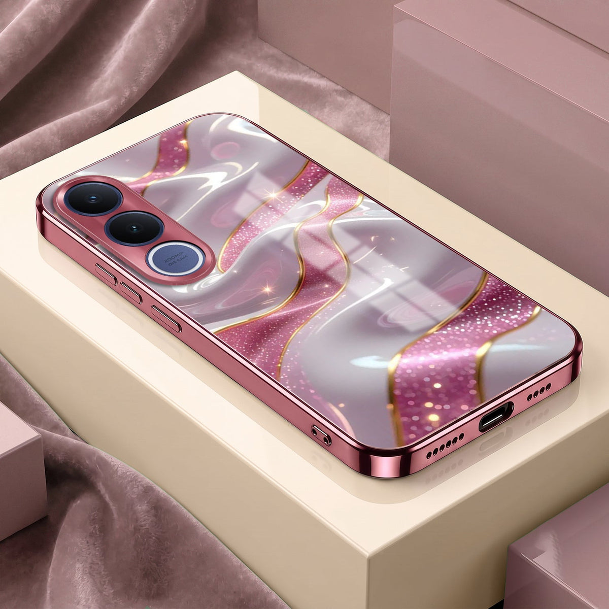 Vivo V70 FE 5G Pearl Marble Pink Electroplated Glass Phone Back Case