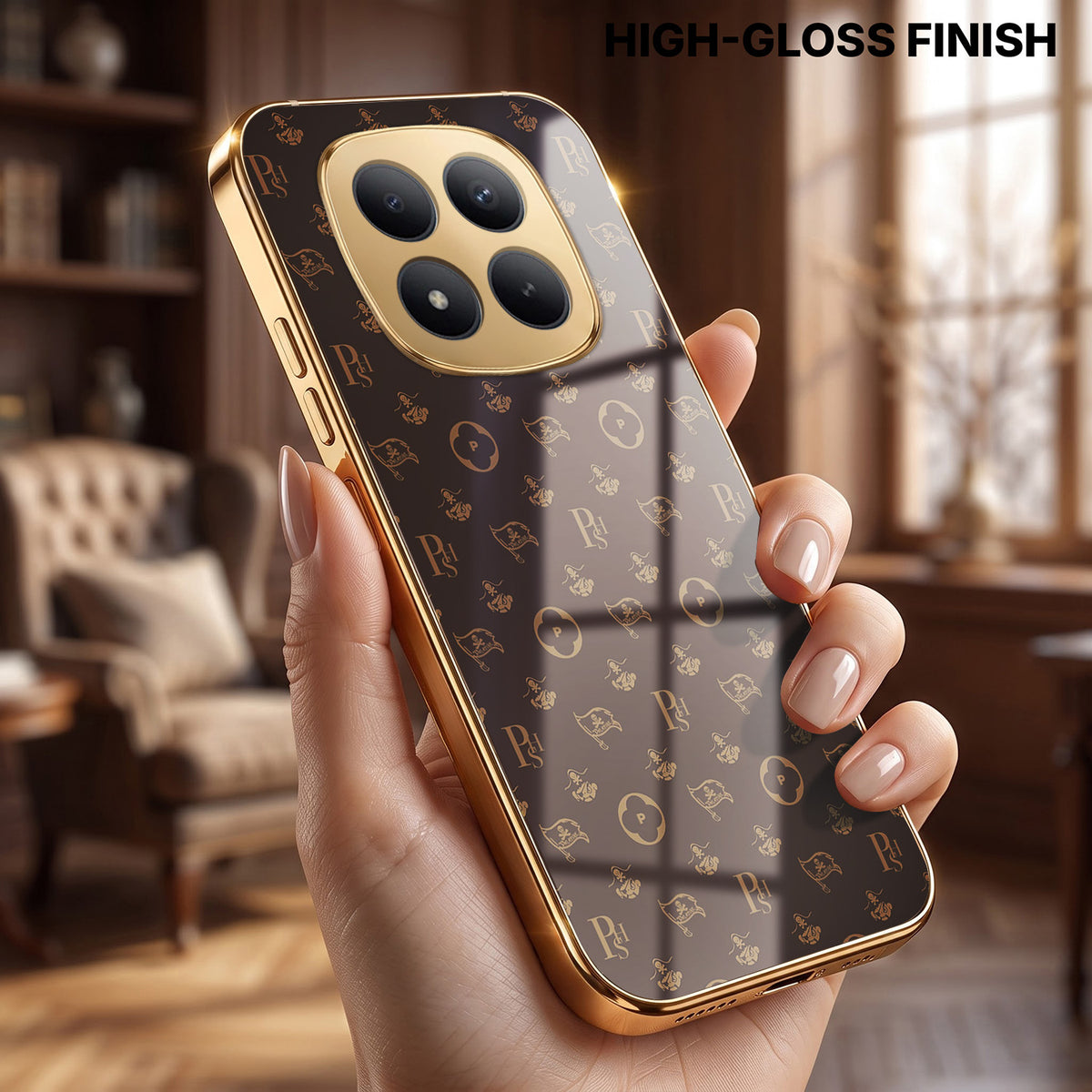 Redmi Note 15 Pro Plus 5G Luxury Monogram Brown Gold Electroplated Glass Phone Back Case
