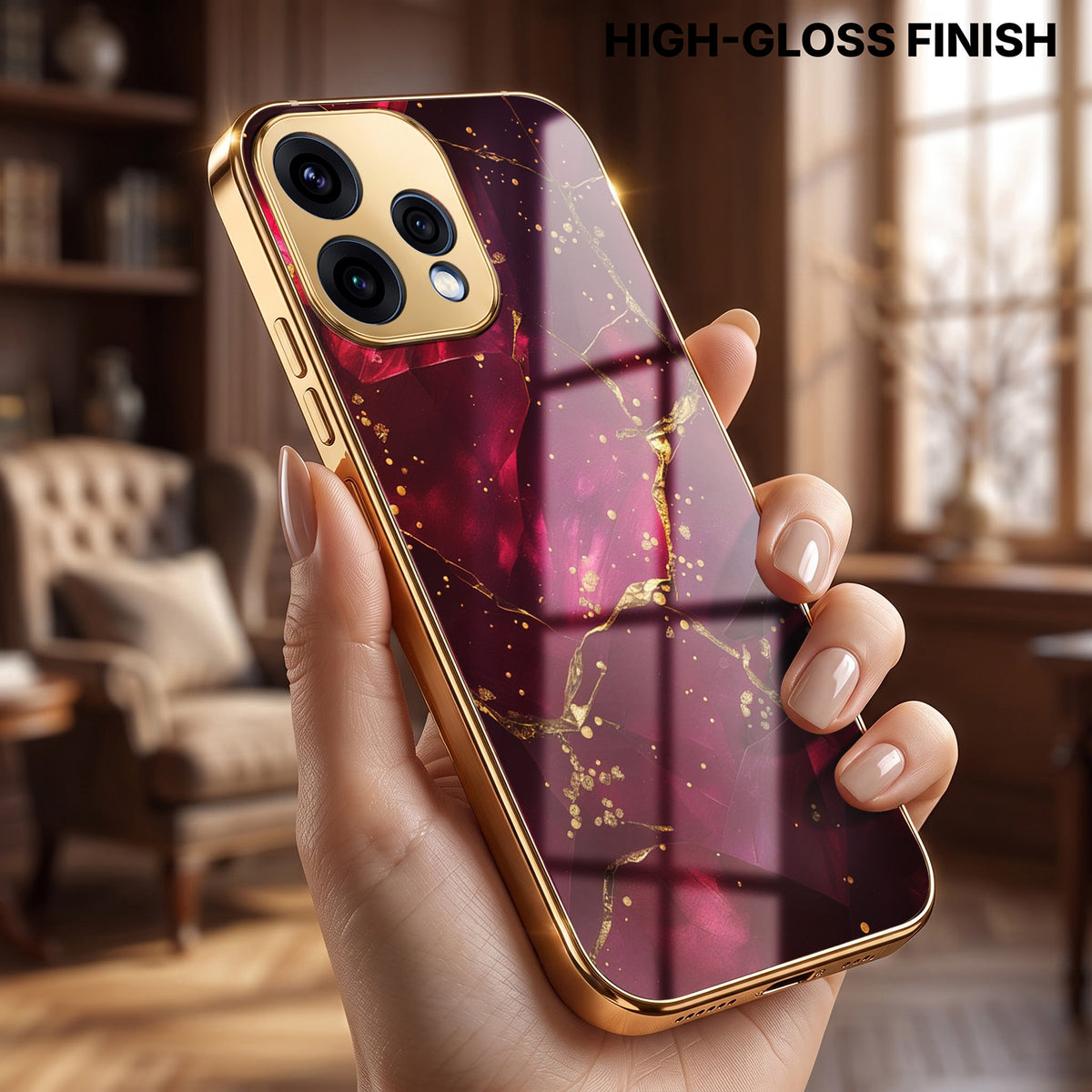 Oppo Reno 15 5G Luxury Crimson Marble Gold Electroplated Glass Phone Back Case