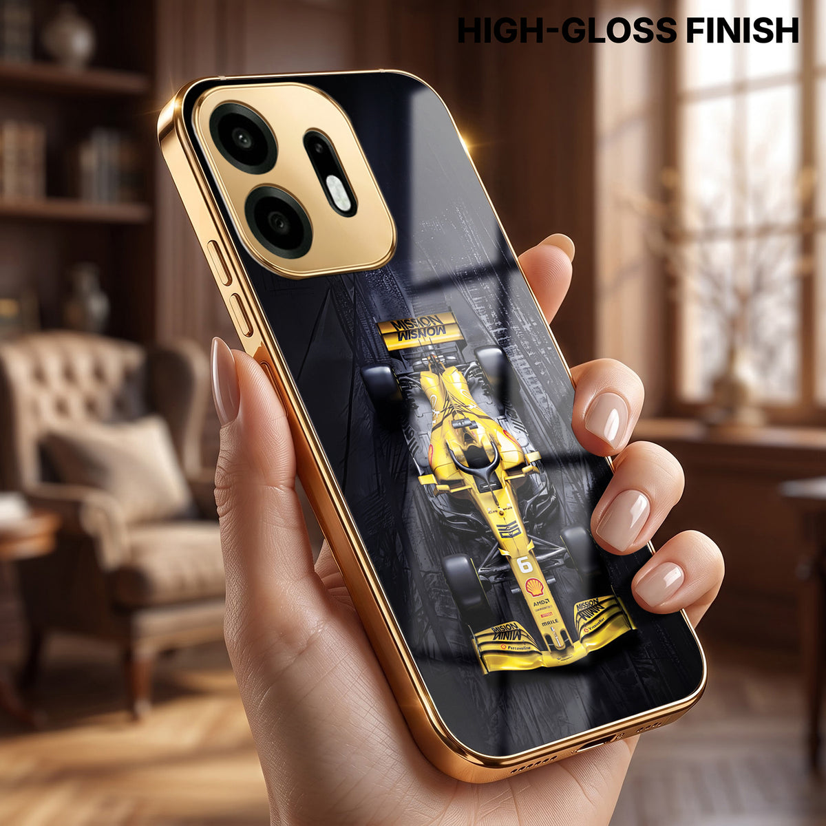 OnePlus N6 5G F1 Racing Car Gold Electroplated Glass Phone Back Case