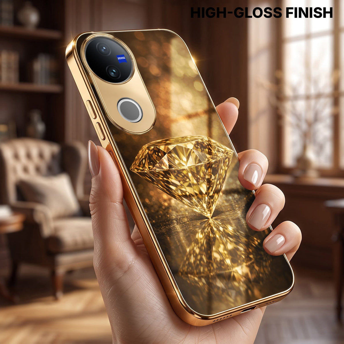 Vivo V50 5G Golden Diamond Gold Electroplated Glass Phone Back Case
