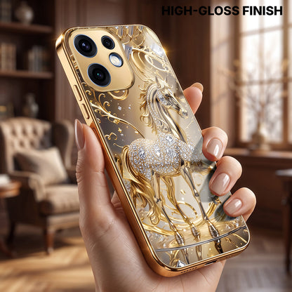 Oppo Reno 16 5G Luxury Horse Texture Gold Electroplated Glass Phone Back Case