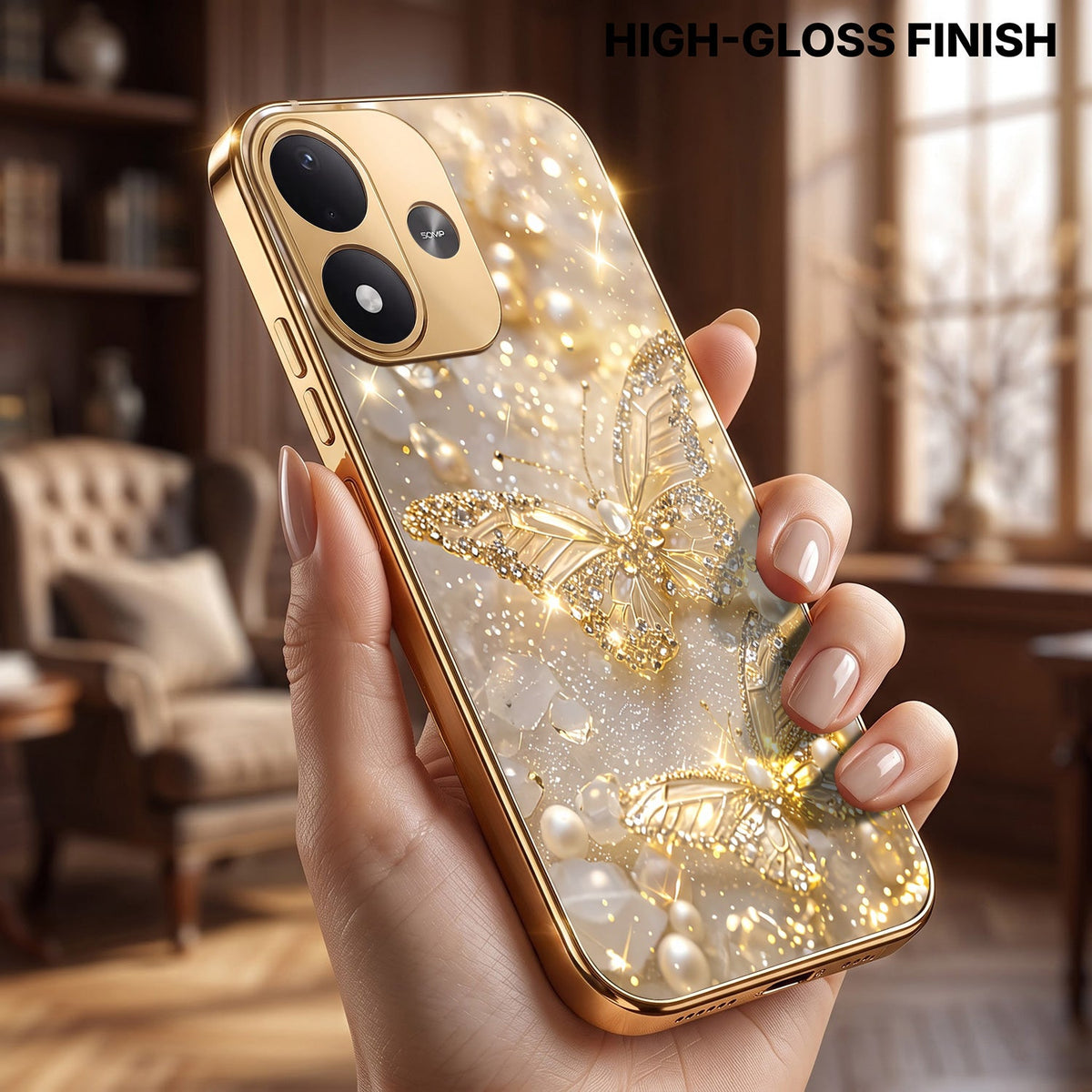 Redmi Note 17 5G Golden Butterfly Gold Electroplated Glass Phone Back Case