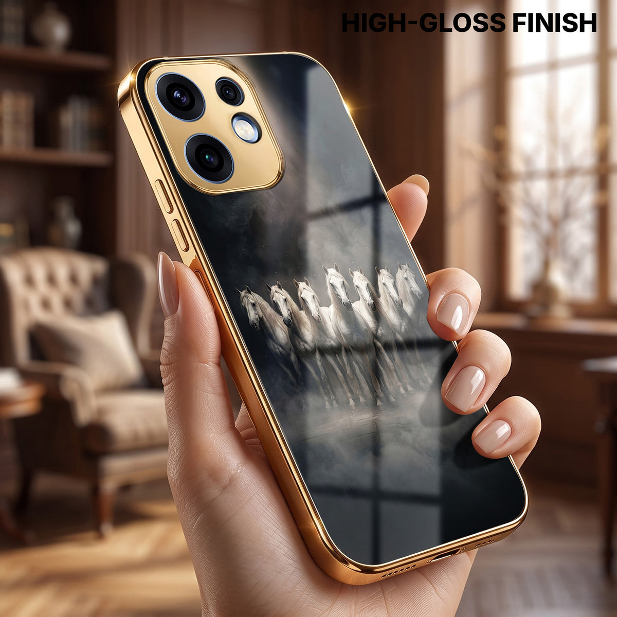 Oppo Reno 16 5G Running Horses Gold Electroplated Glass Phone Back Case