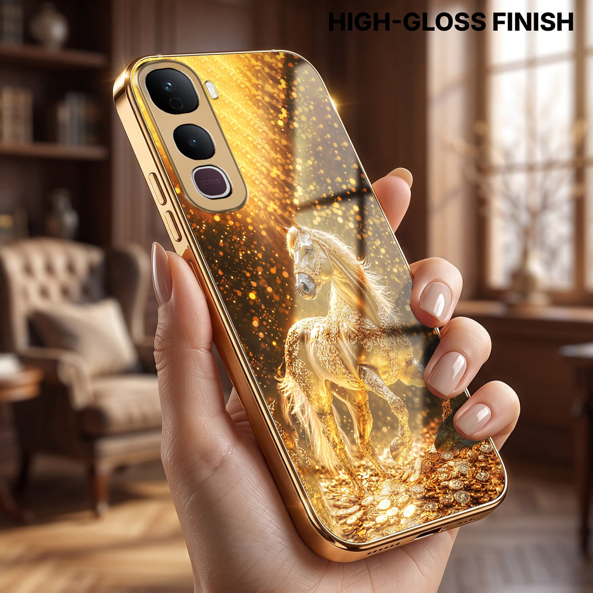 Vivo Y400 Pro 5G Golden Horse Sparkle Gold Electroplated Glass Phone Back Case