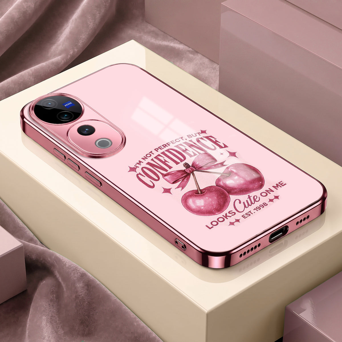 Vivo V40 Pro 5G Luxury Cherry Bow Pink Electroplated Glass Phone Back Case