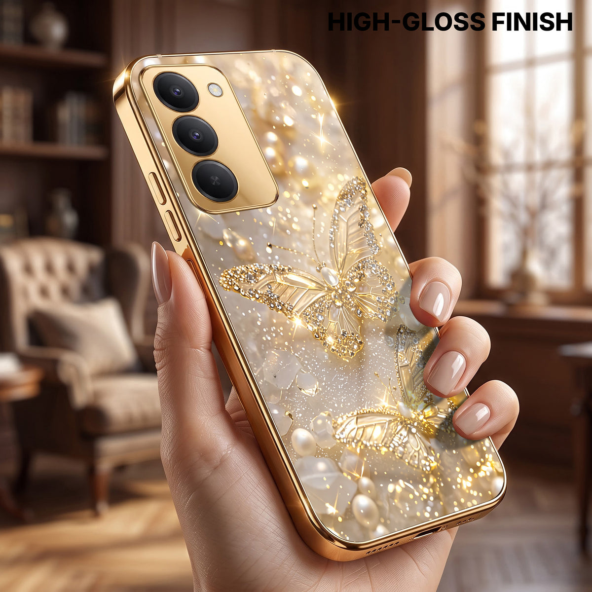 Redmi 15 5G Golden Butterfly Gold Electroplated Glass Phone Back Case