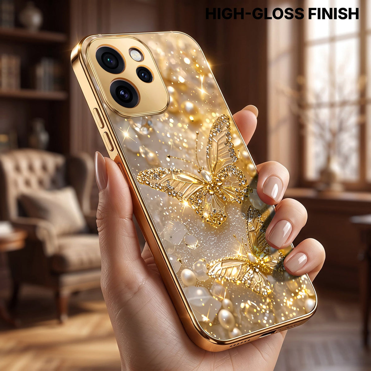 Oppo Reno 15 Pro Mini 5G Golden Butterfly Gold Electroplated Glass Phone Back Case