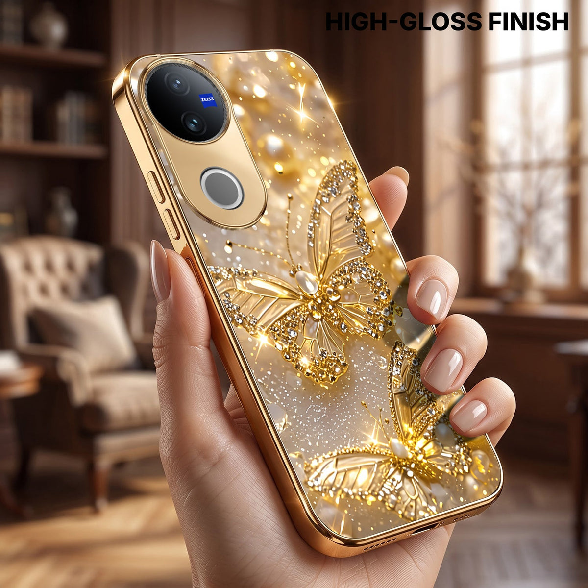 Vivo V50 5G Golden Butterfly Gold Electroplated Glass Phone Back Case